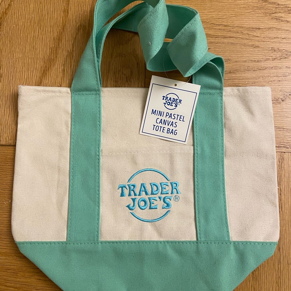 Trader Joe's Mini Pastel Canvas Tote Bag in Sea Green and Cream